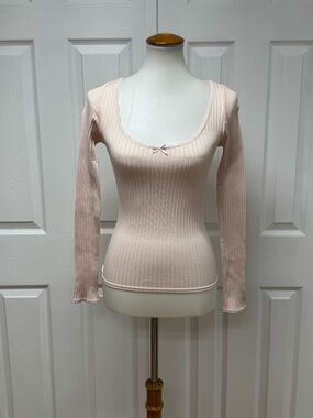Zara Baby Pink Ribbed Fitted Long Sleeve Top - Size M.